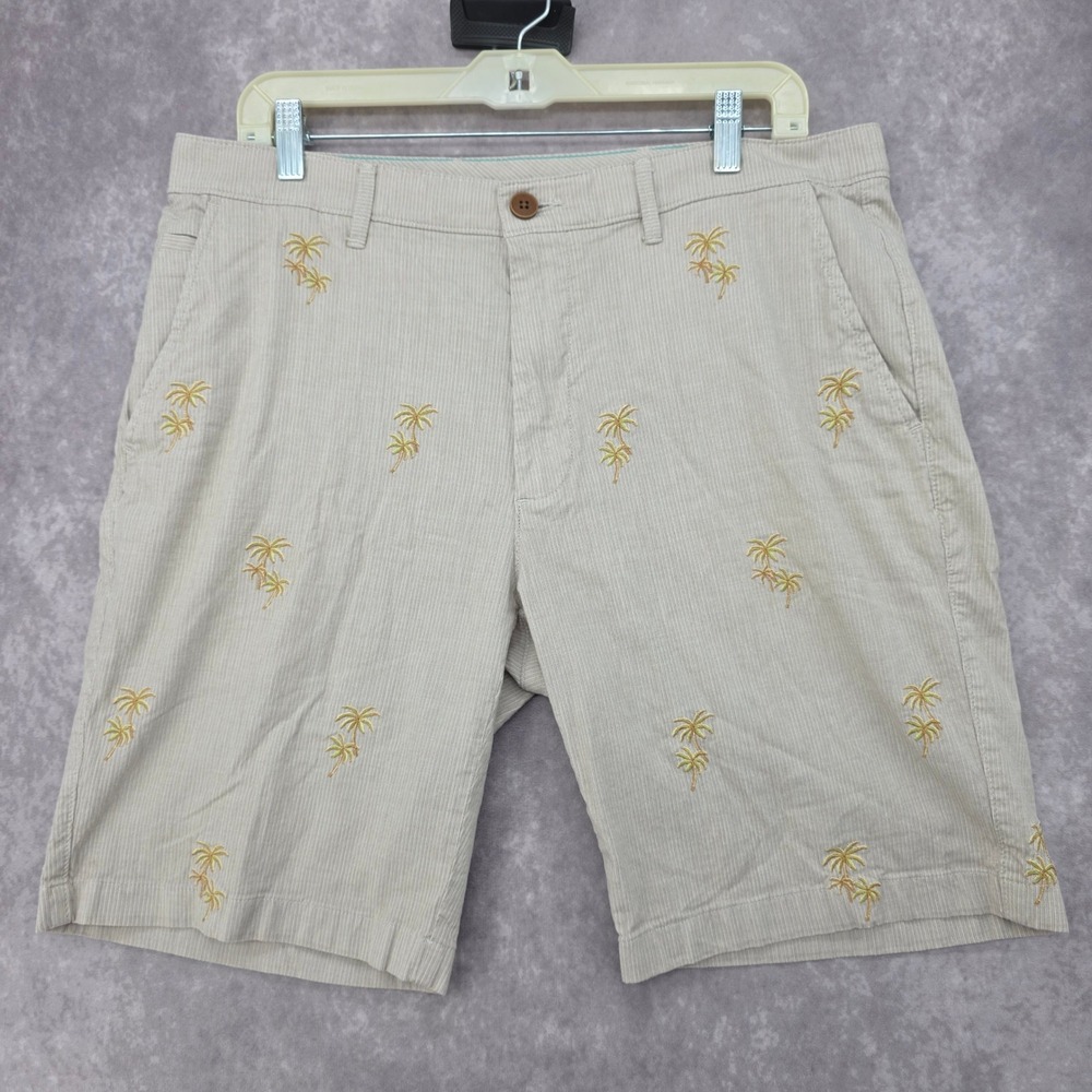 Caribbean Mens 36W Tan Seersucker Shorts Palm Tree Embroidered Stretch Fits 38W